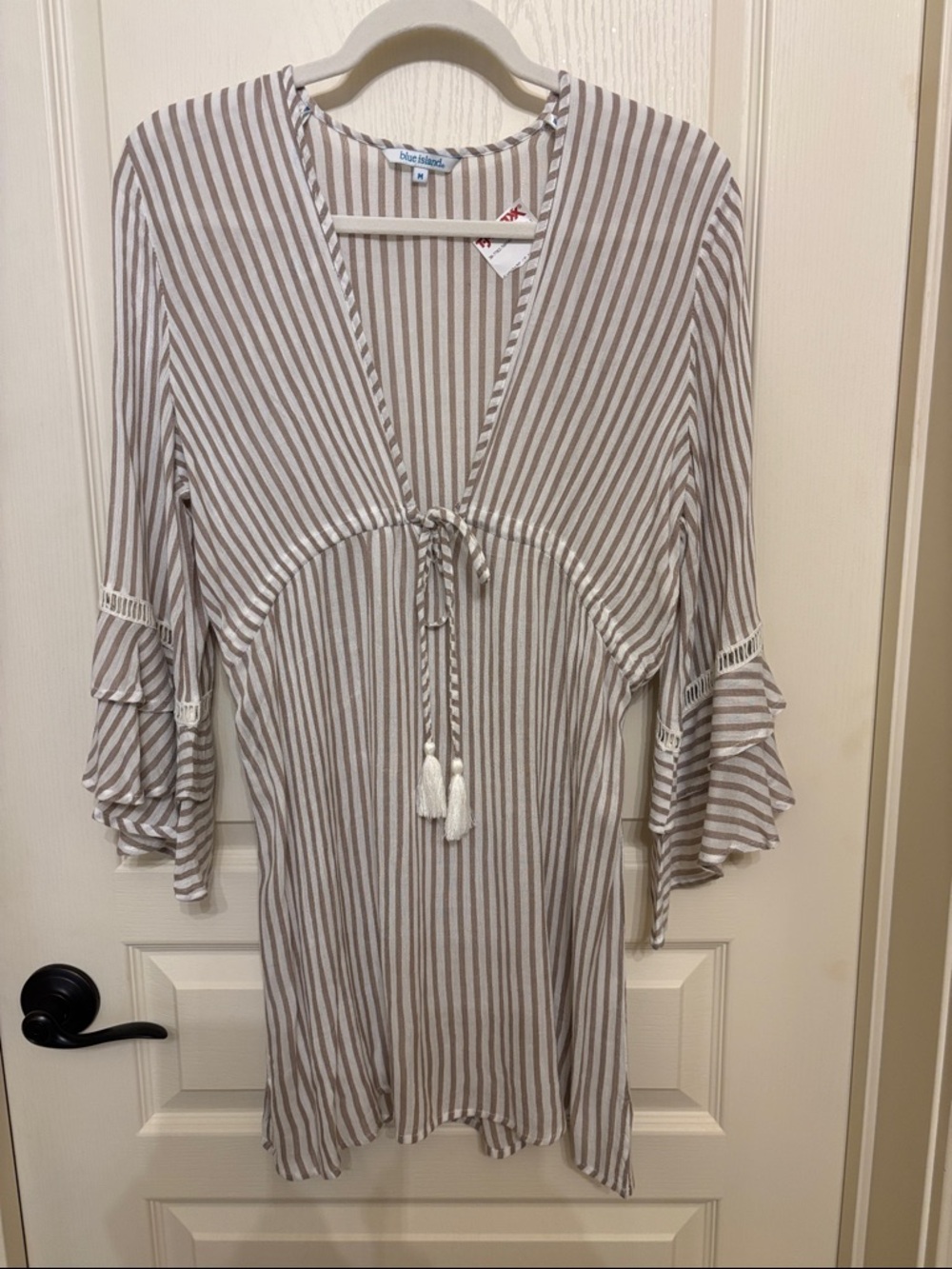 blue island Taupe and White Striped Swim Coverup
